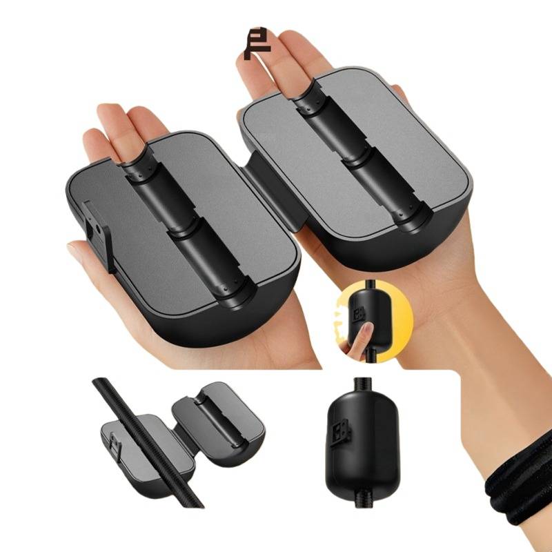 Hände halten ein Paar schwarzer Silikon-Magnetkabelorganizer, die sich um Kabel wickeln, mit kleinen Detailaufnahmen, die Seiten- und Frontalansichten zeigen.