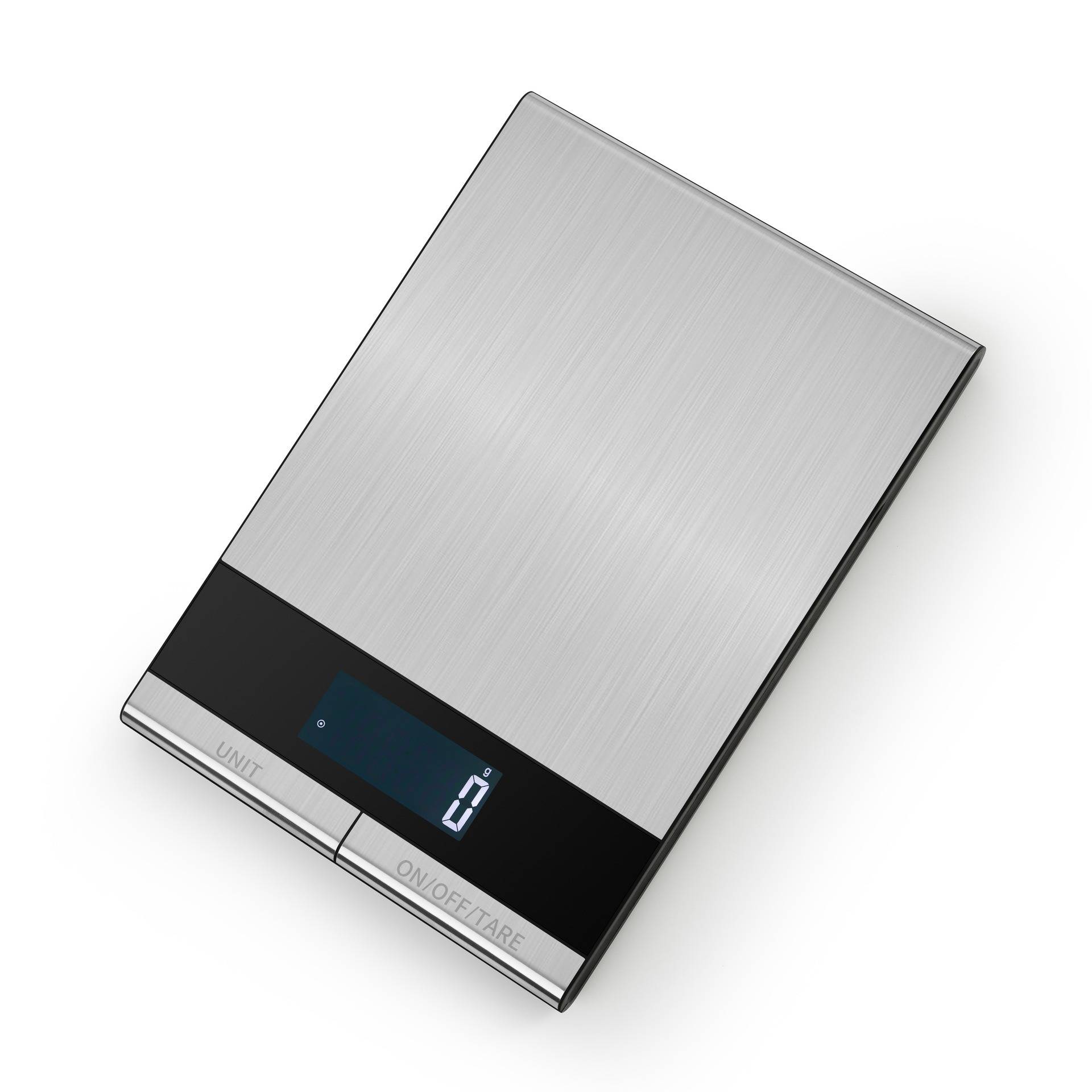 Digitale Küchenwaage mit Edelstahloberfläche und schwarzem Display mit Anzeige 0, mit UNIT- und ON/OFF/TARE-Tasten.
