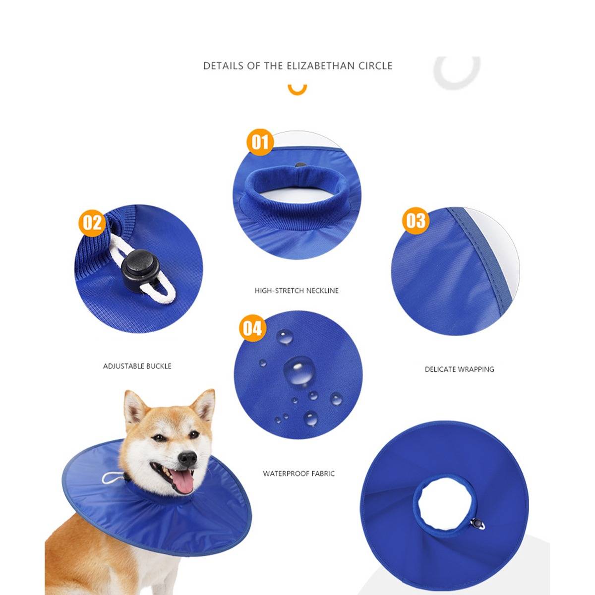 Produktinfografik eines elisabethanischen Hunderehabilitationskragens, der eine verstellbare Schnalle, hochelastischen Hals, zarte Umwicklung, wasserdichtes Gewebe und einen Hund zeigt, der ihn trägt.