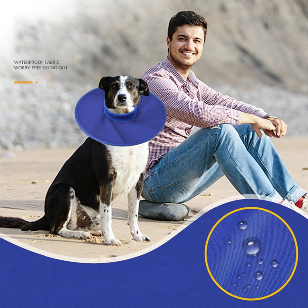 Ein Mann sitzt neben einem Hund, der einen blauen, wasserdichten Genesungskragen trägt; eine Einfügung zeigt Wassertropfen auf dem Stoff mit der Aufschrift „WASSERDICHTER STOFF – SORGENFREIES AUSGEHEN".
