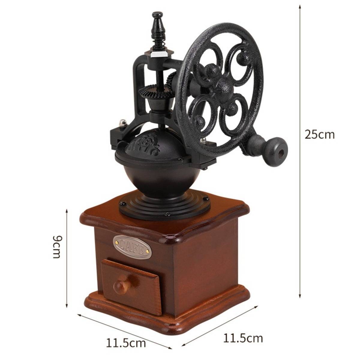 Produktfoto einer schwarzen Handkurbel-Kaffeemühle auf einer Holzbasis, mit einer Höhe von 25 cm und einer Breite/Tiefe von 11,5 cm gekennzeichnet.