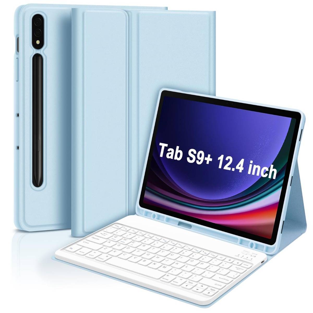 Hellblaues Tablet mit Tastatur und Schutzhülle mit Klappmechanismus, von vorne und hinten gezeigt; der Bildschirmtext liest „Tab S9+ 12,4 Zoll