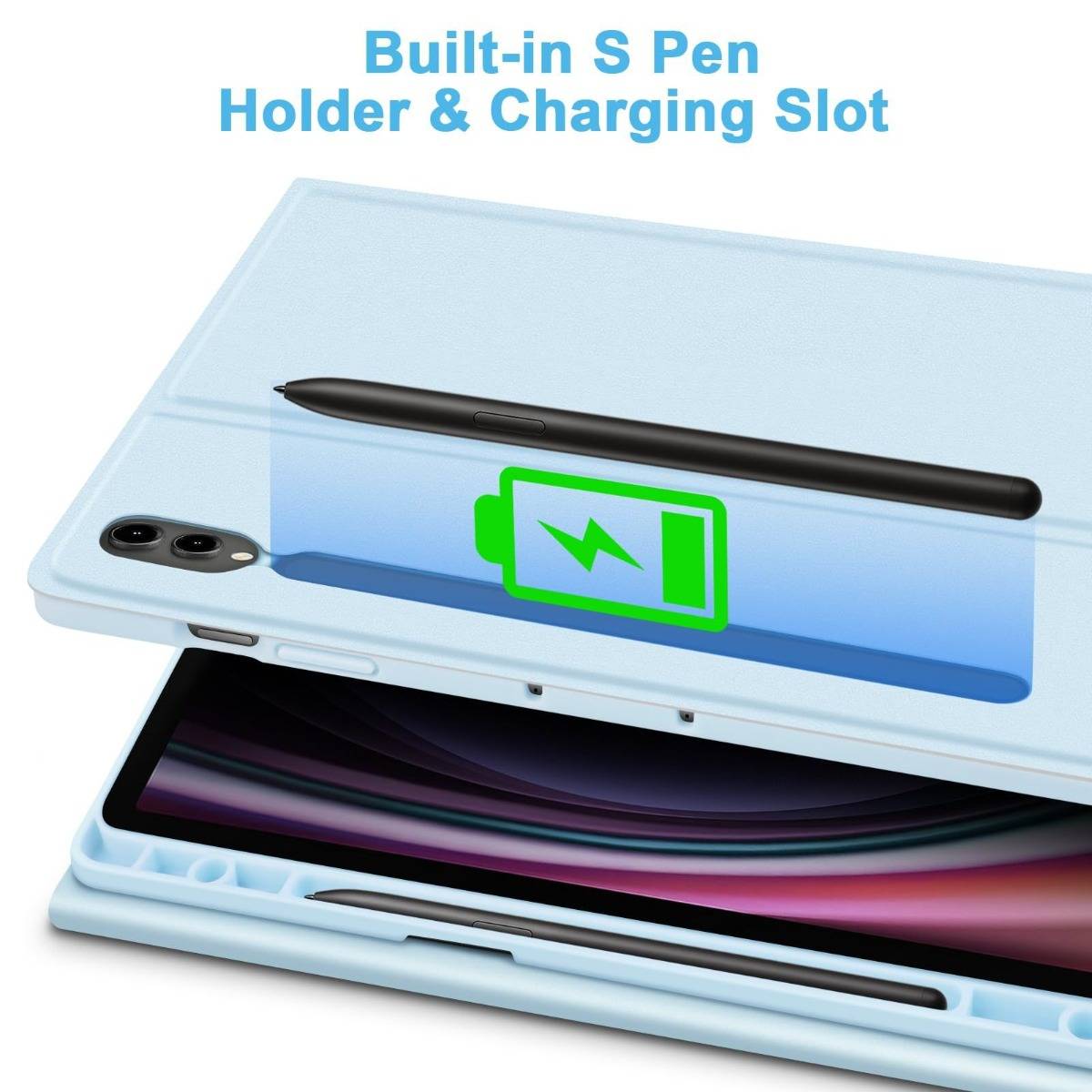 Tablet-Schutzhülle mit integriertem S Pen-Halter und Ladeanschluss, gezeigt mit auf der Rückseite gespeichertem Stylus und Ladesymbol.