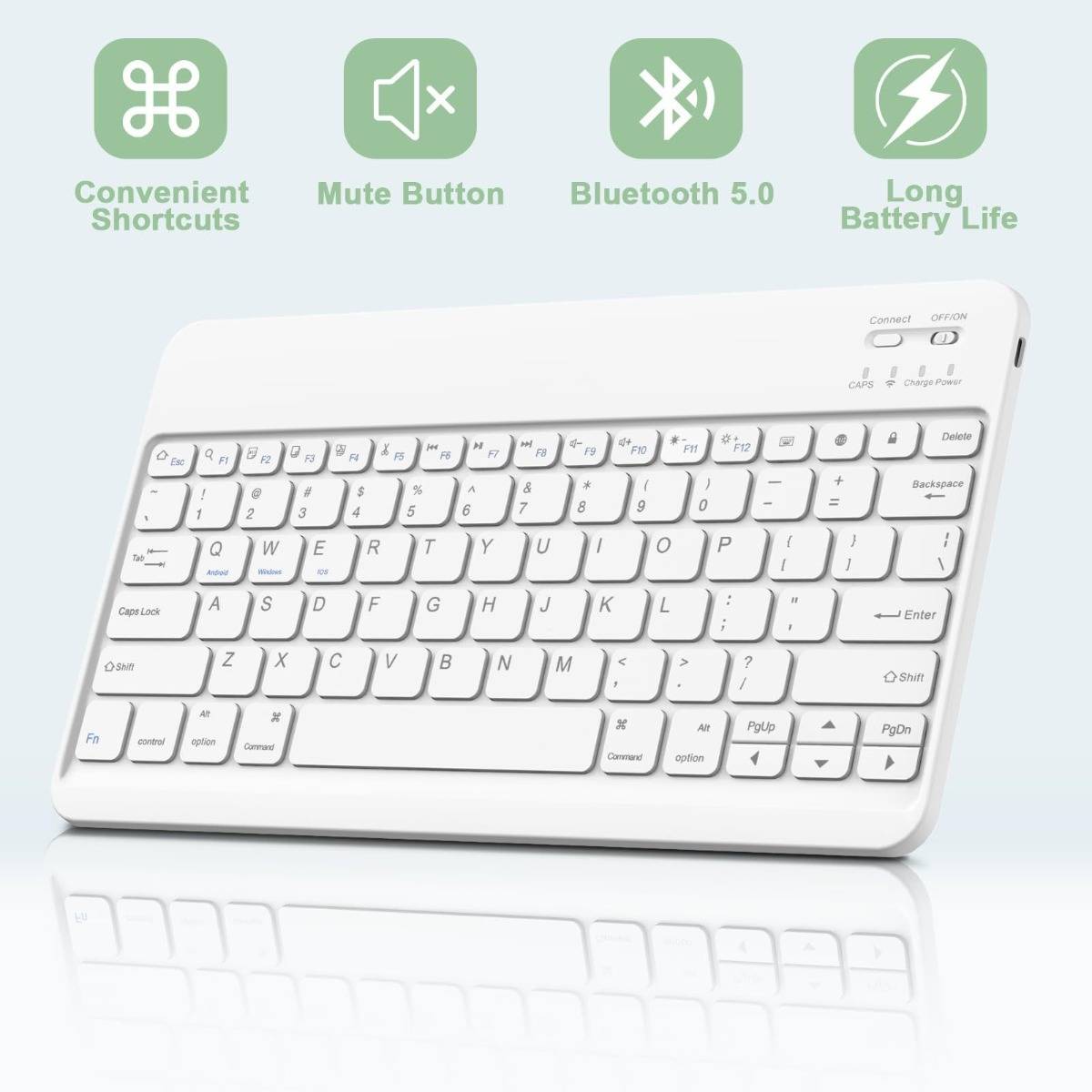 Weiße kabellose Bluetooth-Tastatur mit Tastaturbefehlen; Symbole heben praktische Verknüpfungen hervor, Stummschalttaste, Bluetooth 5.0 und lange Akkulaufzeit.