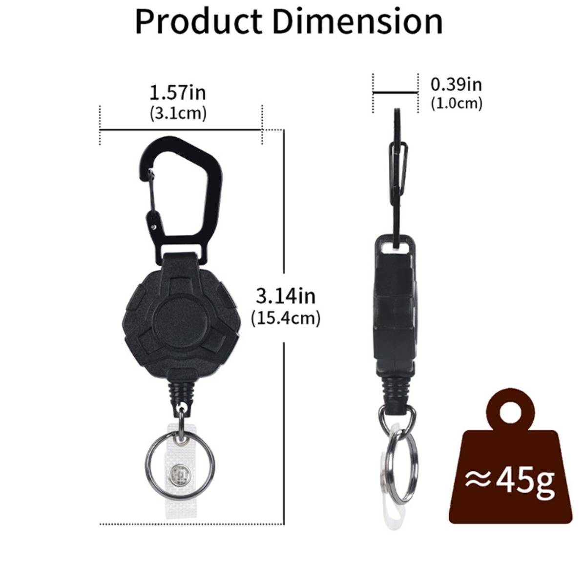 Produktabmessungsdiagramm eines ausziehbaren Schlüsselanhänger-Clips mit den Abmessungen 3,14 Zoll x 1,57 Zoll x 0,39 Zoll und einem Gewicht von etwa 45 g.