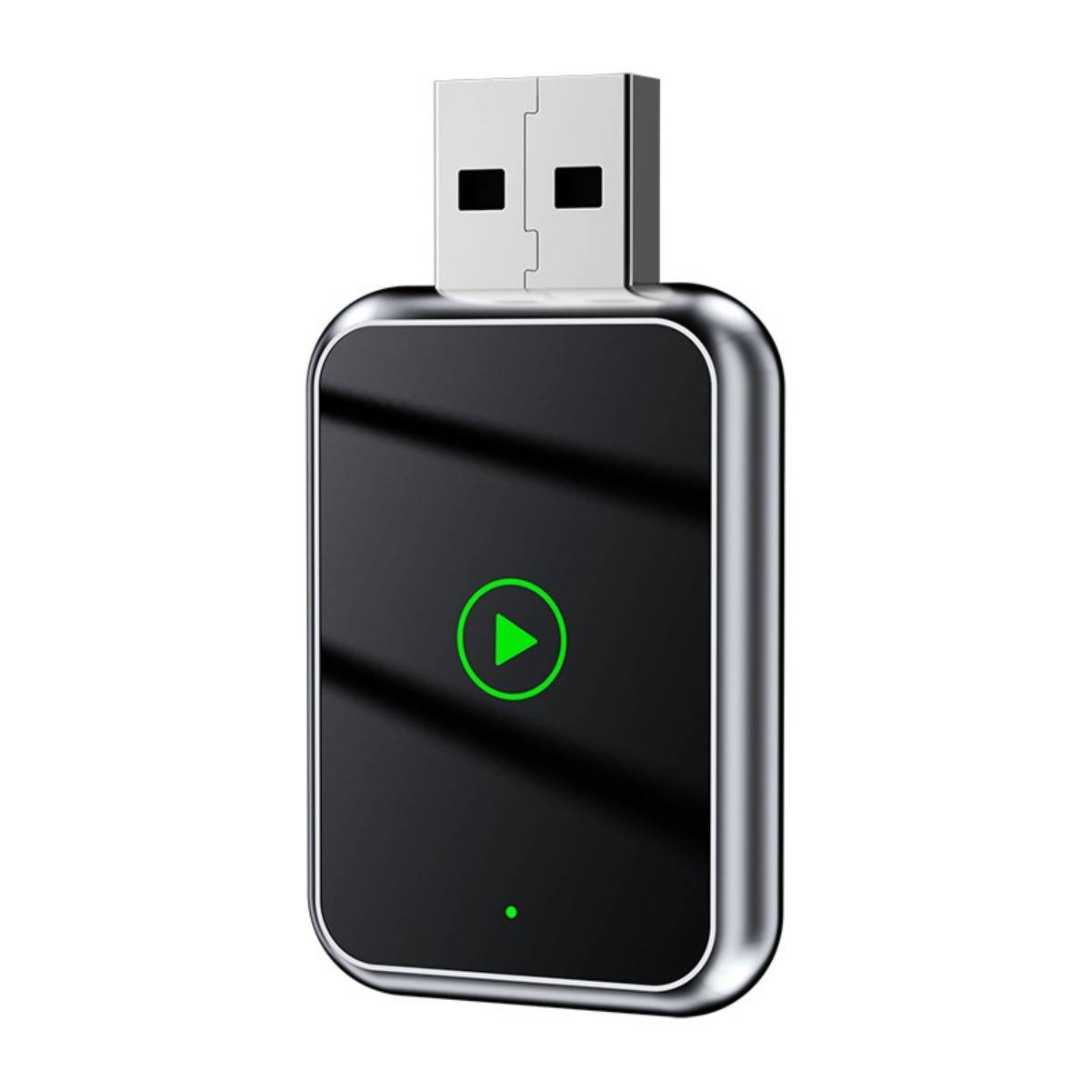 Schwarzer USB-Dongle oder Media-Player mit grünem Play-Symbol auf der Vorderseite und einer kleinen Statusleuchte in der Nähe des unteren Bereichs.