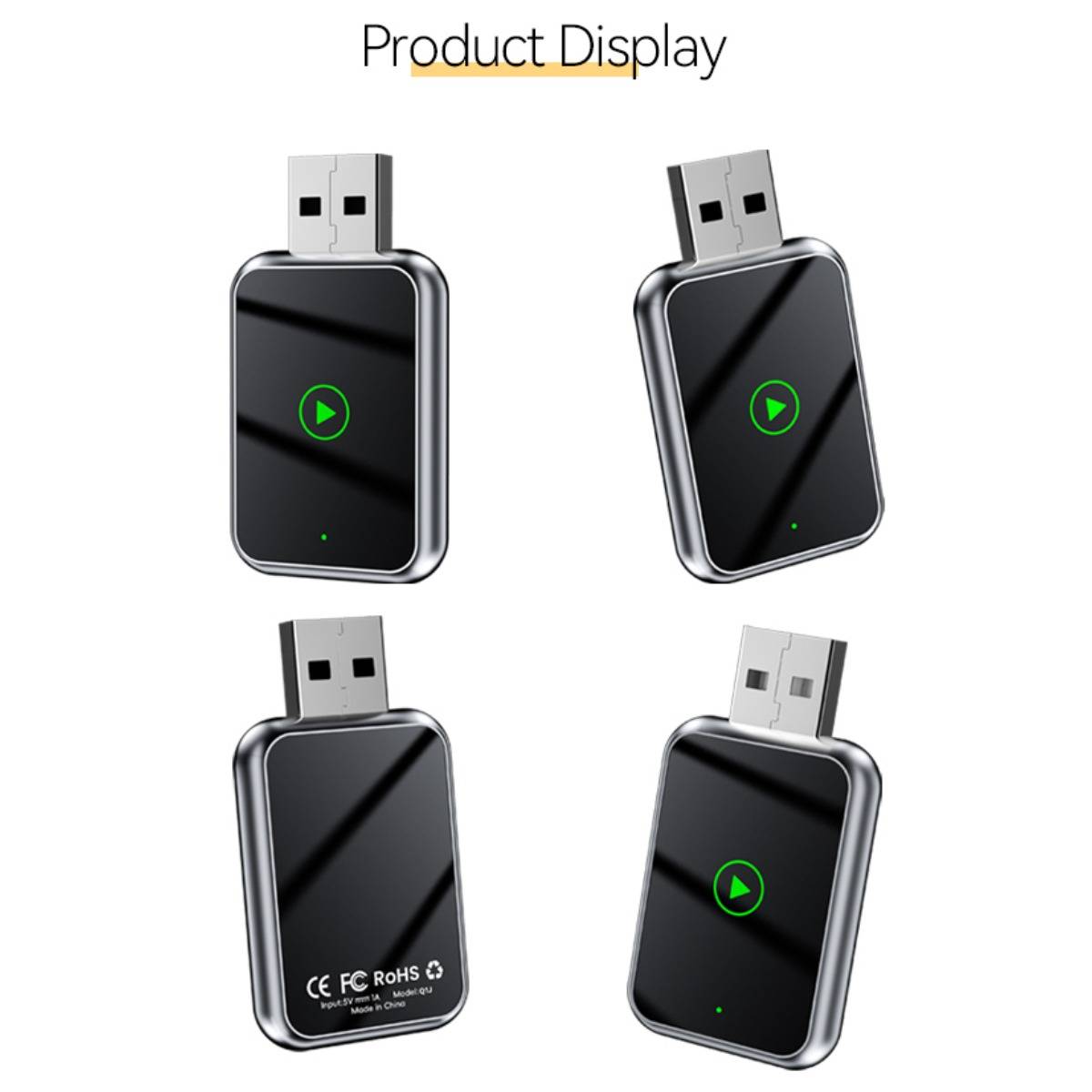 Produktanzeige mit einem kleinen schwarzen USB-Gerät mit Metallstecker, von vier Blickwinkeln abgebildet.