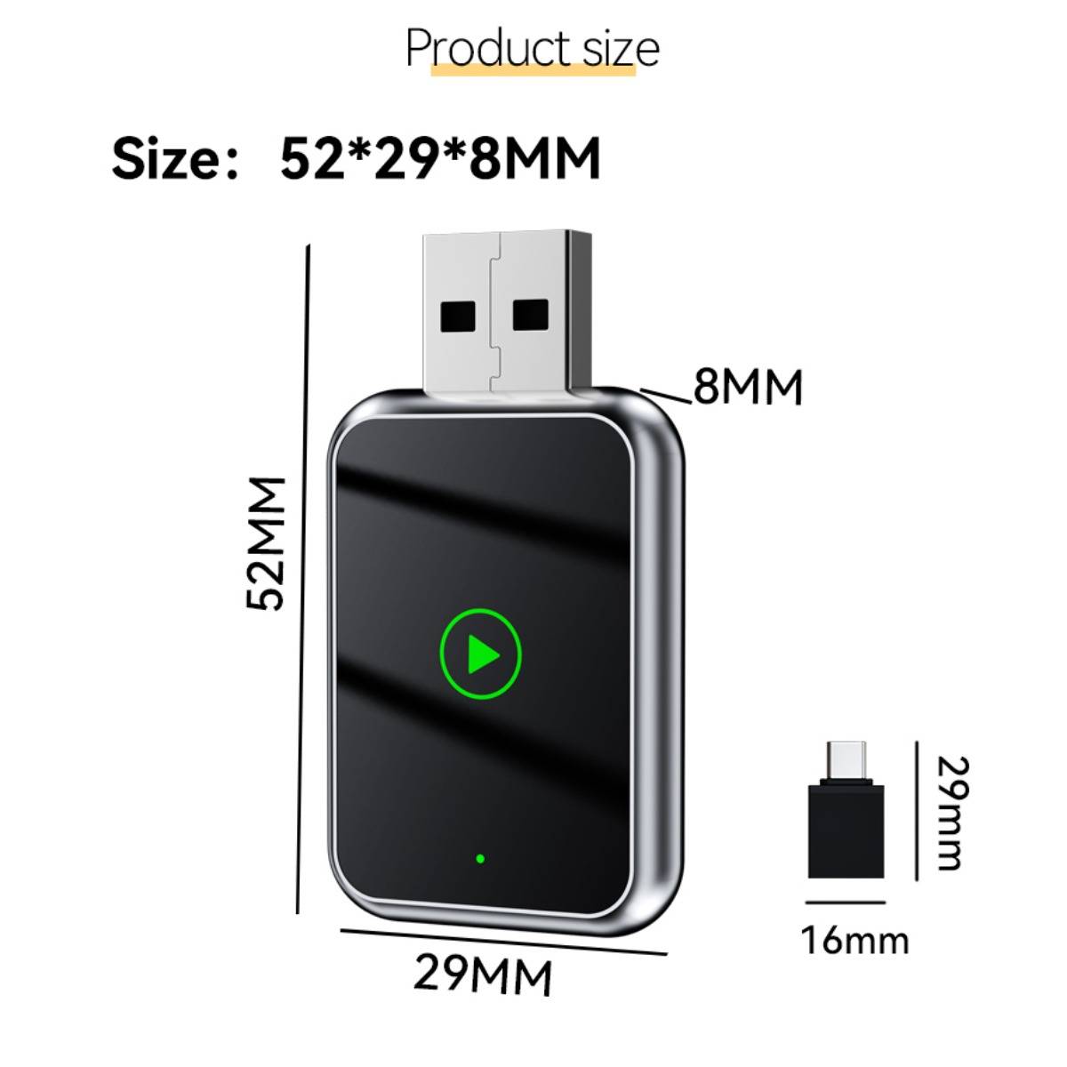 Diagramm eines USB-Geräts mit Produktgröße: 52 x 29 x 8 mm, mit gekennzeichneten Messungen für Höhe, Breite und Dicke.