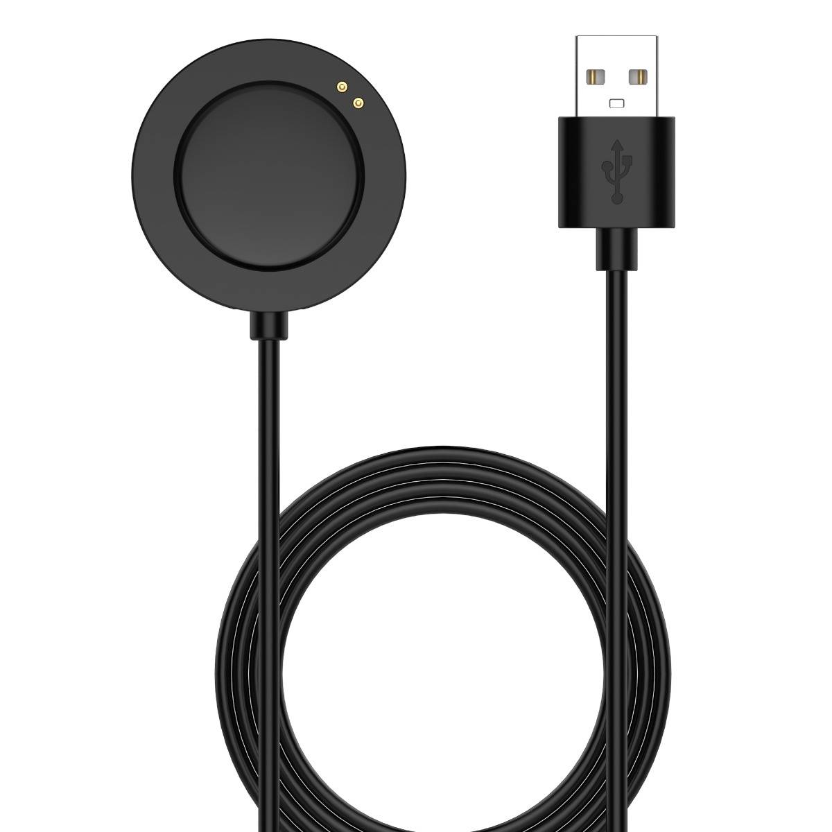Schwarzes rundes magnetisches USB-Ladekabel mit USB-A-Stecker und rundem Ladepad, aufgewickelt auf weißem Hintergrund.