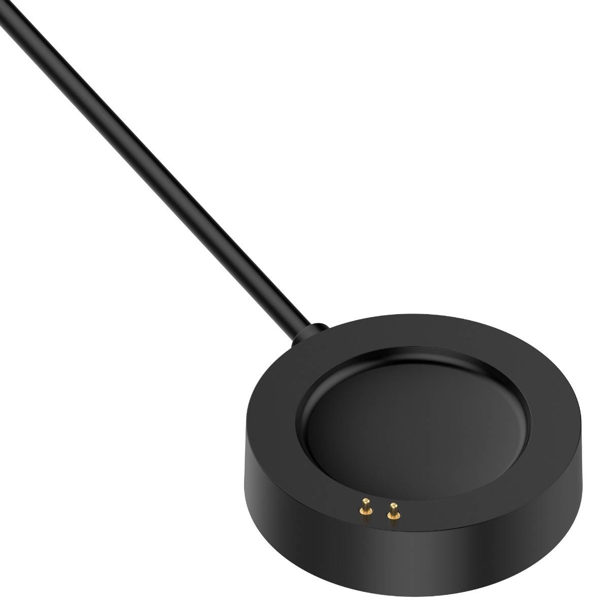 Schwarzes rundes Ladegerät mit angebrachtem Kabel und zwei goldenen Kontaktstiften auf weißem Hintergrund.