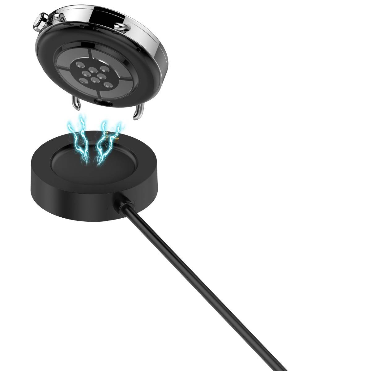 Ein magnetisches Ladepuck mit Kabel schwebt über der Rückseite eines Telefons und zeigt eine kabellose Stromverbindung.