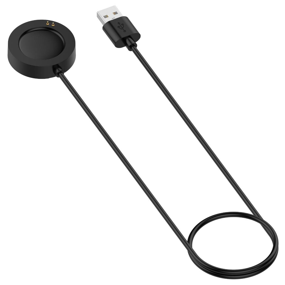 Schwarze magnetische Ladebuchse mit angeschlossenem USB-Kabel, das an einem Ende aufgewickelt dargestellt ist.