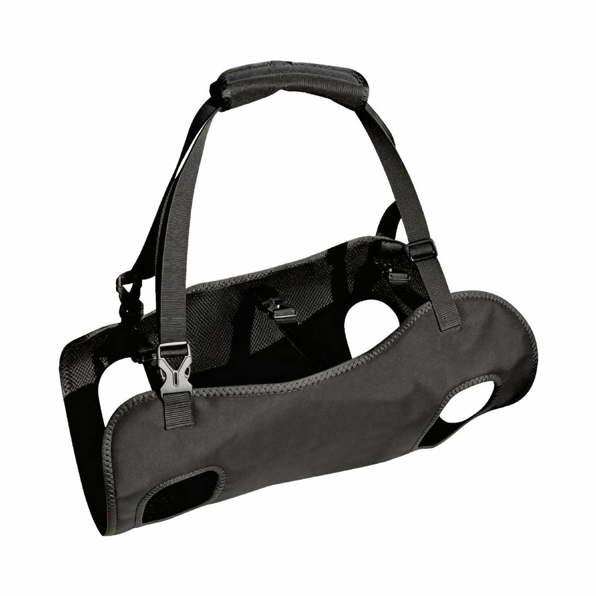 Schwarze Haustier-Tragetasche mit Schultergurt und Aussparungsöffnungen, entwickelt zur Unterstützung und zum Transport eines kleinen Tieres.