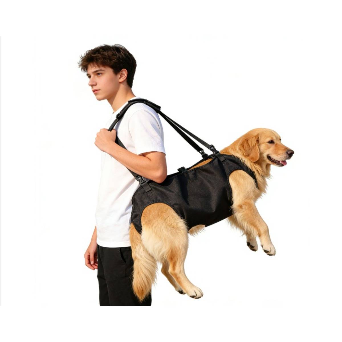 Junger Mann, der einen Hundeträger-Rucksack trägt, mit einem Golden Retriever, der hinter ihm auf weißem Hintergrund schwebt.
