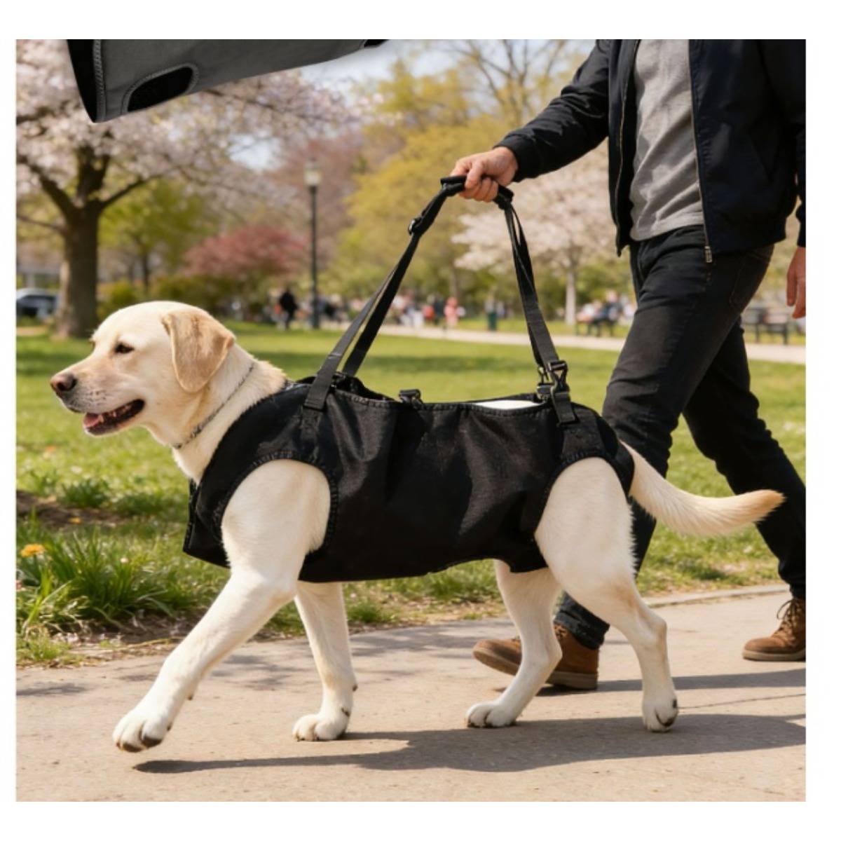 Eine Person geht mit einem gelben Führhund in einem schwarzen Geschirr einen Parkweg entlang.