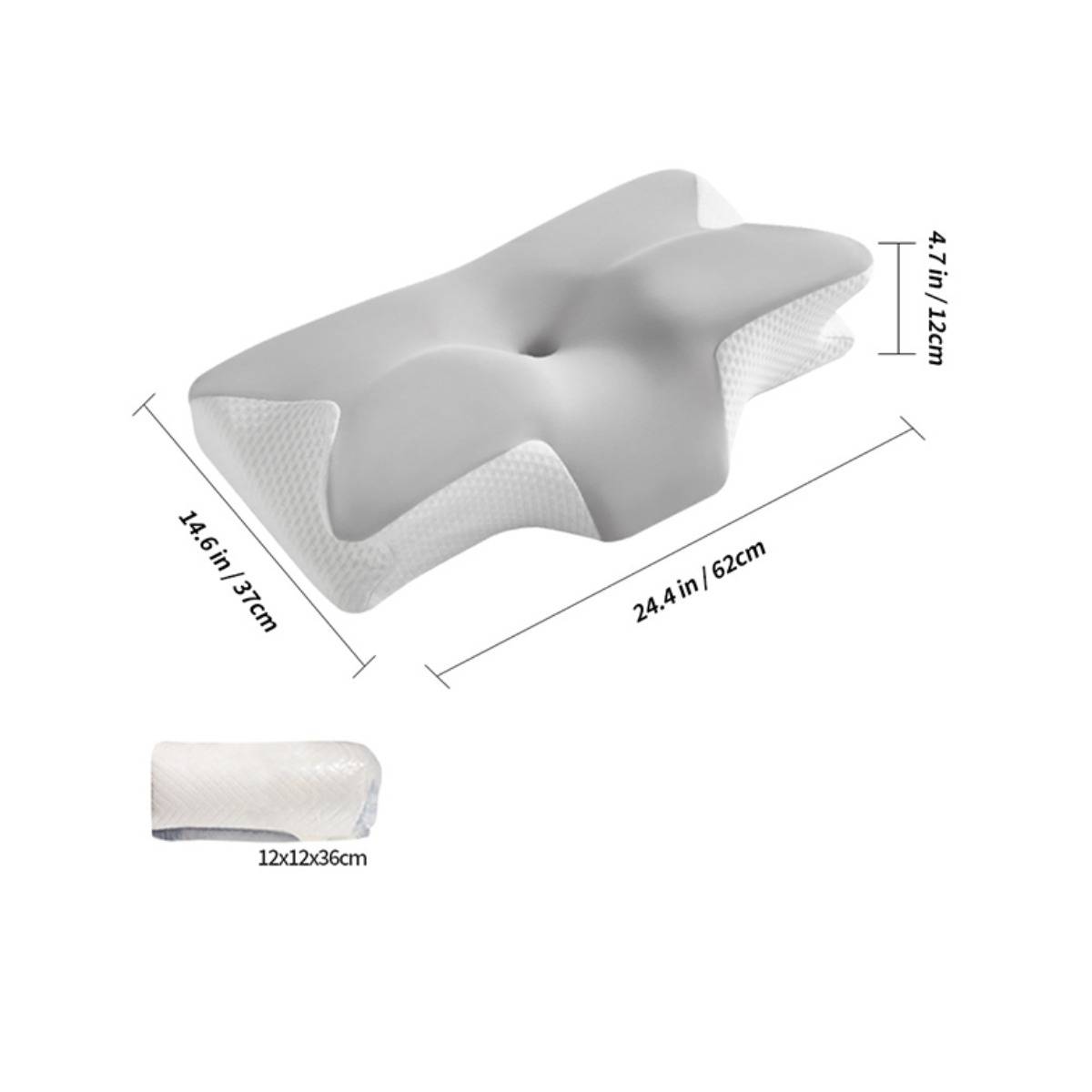 Orthopädisches Konturkissen aus Gedächtnisschaum mit zentraler Vertiefung, gezeigt mit Abmessungen 24,4 x 14,6 x 4,7 Zoll und zusammengefaltete Größe 12 x 12 x 36 cm.