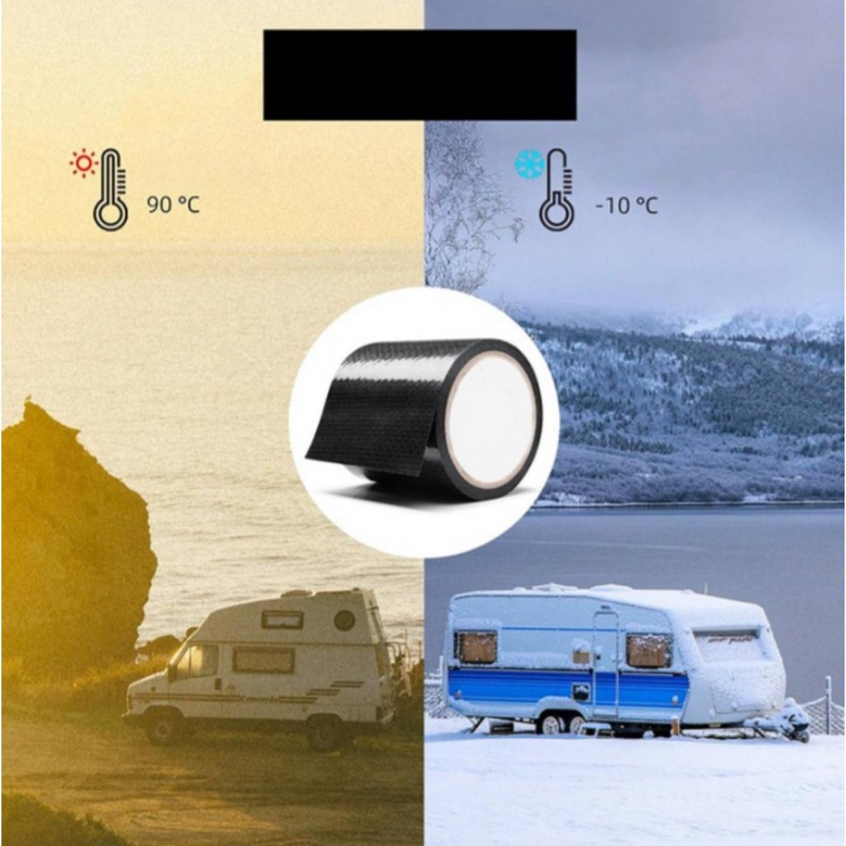 Werbegrafik einer schwarzen Isolierband-Rolle, dargestellt zwischen heißen 90°C- und kalten -10°C-Szenen mit Wohnmobilen, was die witterungsbeständige Verwendung impliziert.