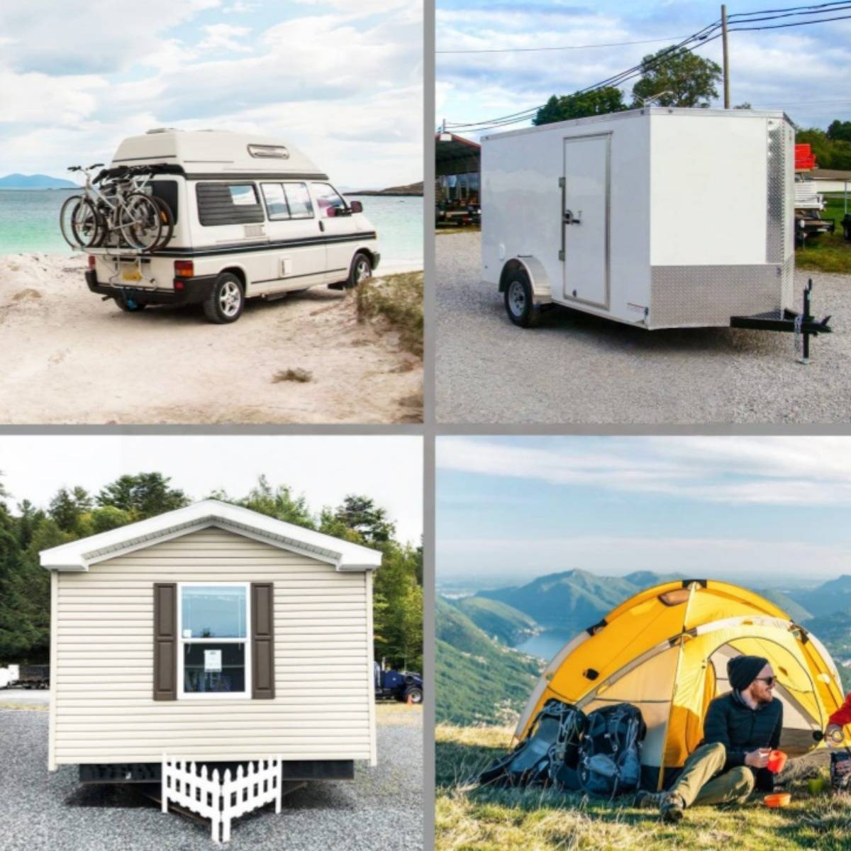 Vier-Panel-Collage von Campinglösungen: ein Van mit Dachzelt und Fahrrädern, ein Kastenanhänger, ein winziges Haus auf Kufen und ein gelbes Kuppelzelt mit Rucksackausrüstung.
