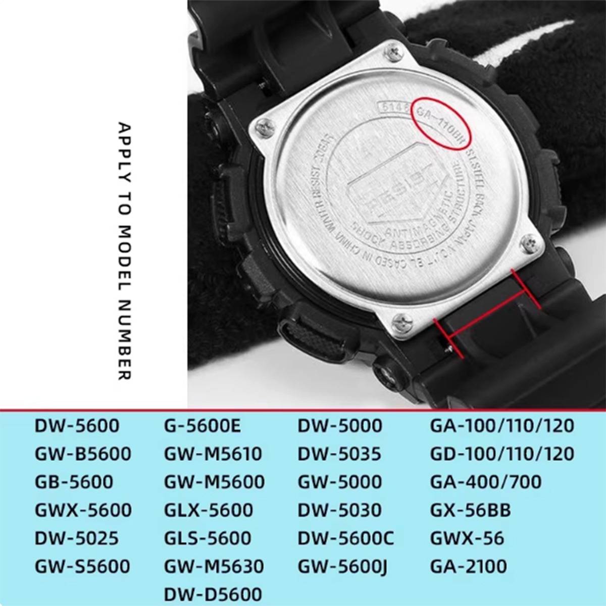 Größenleitfaden für Uhren mit Rückseite einer Casio G-Shock und Modellnummern mit Riemenbreitenreferenz zur Auswahl der richtigen Passform.