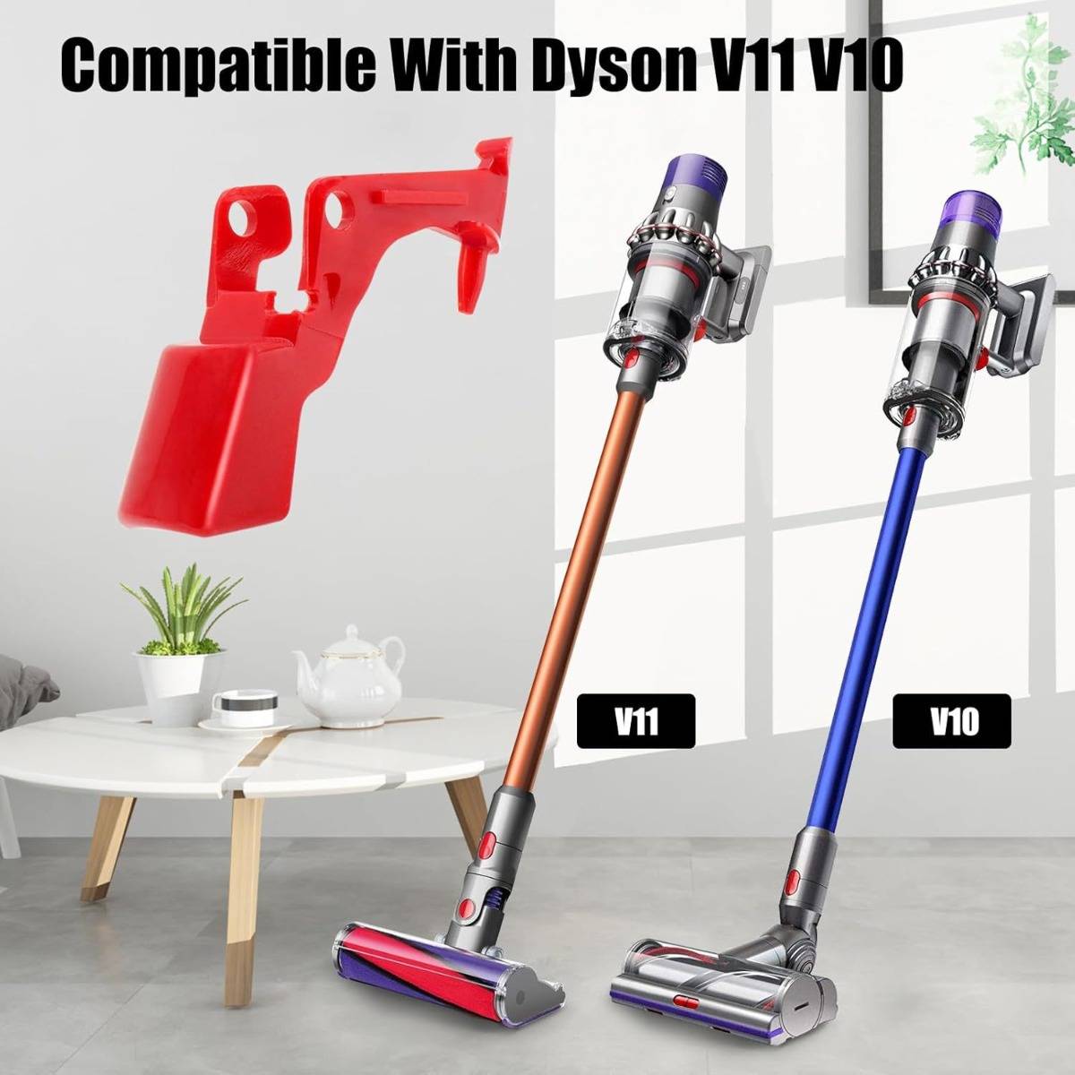 Produktbild, das ein rot montiertes Zubehör mit der Aufschrift „Kompatibel mit Dyson V11 V10" neben zwei kabellosen Staubsaugern zeigt, einer mit der Bezeichnung V11 und einer mit der Bezeichnung V10.