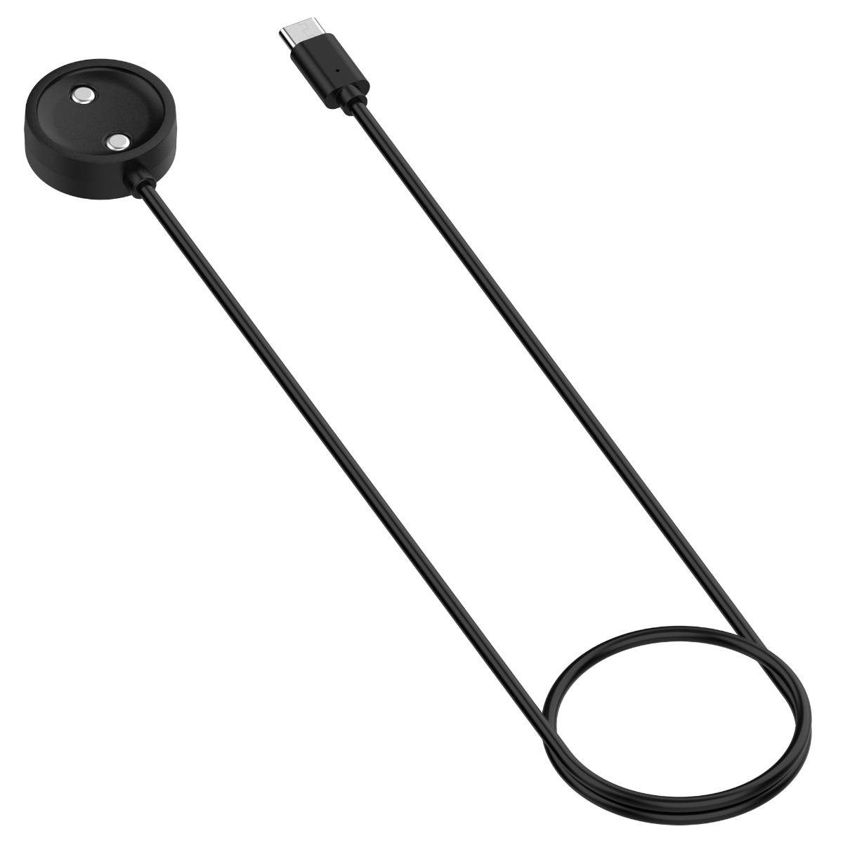 Schwarzes USB-Ladekabel mit einer runden magnetischen Ladeschale und USB-A-Anschluss, an einem Ende aufgewickelt.