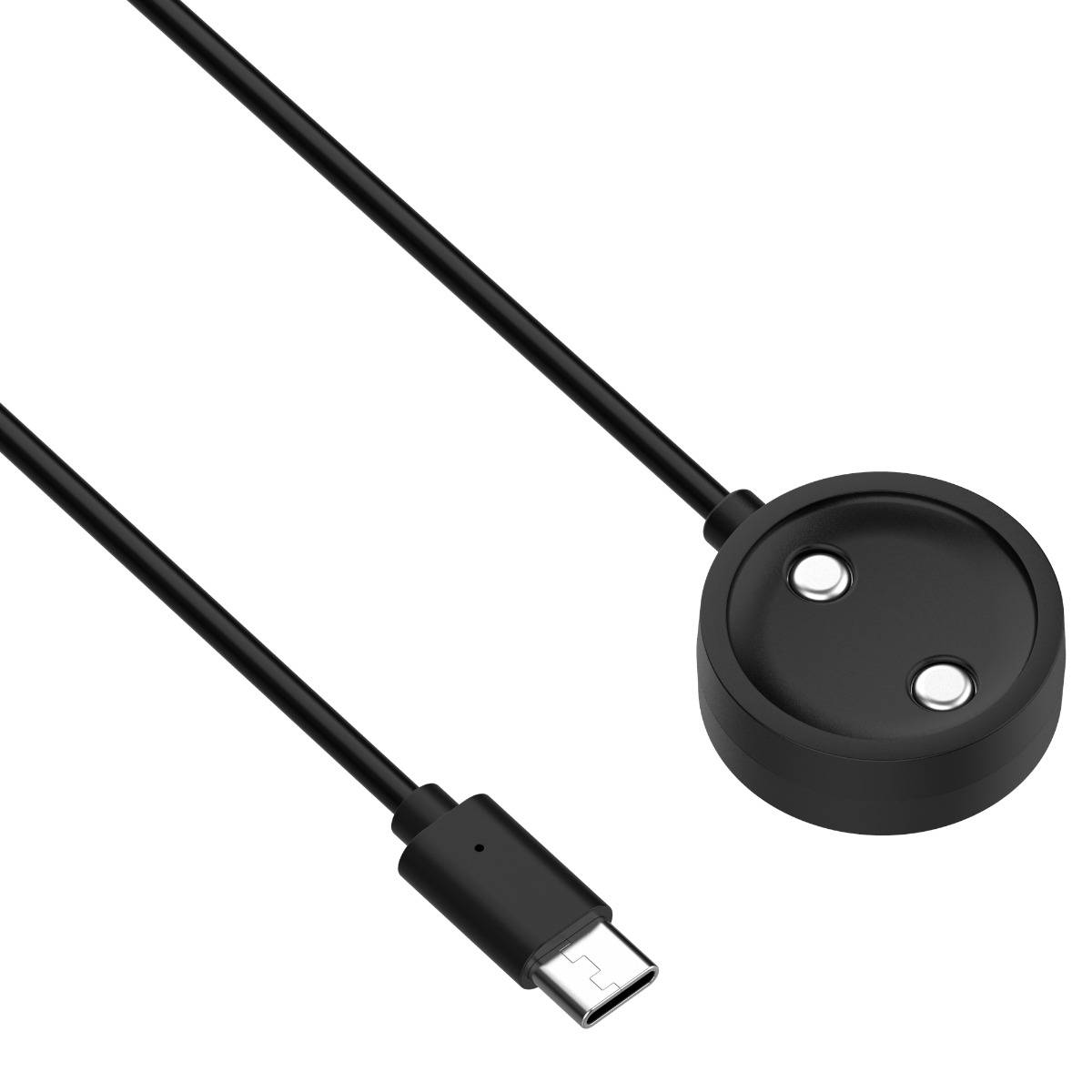 Schwarzes magnetisches Ladekabel mit rundem Kontaktpad und USB-C-Anschluss auf weißem Hintergrund.