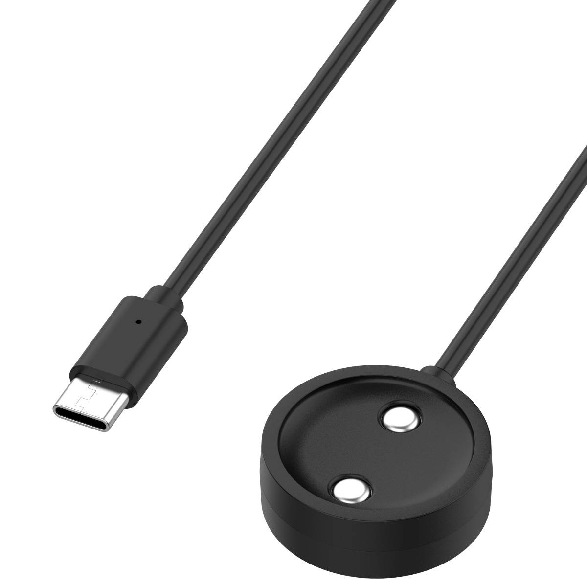 Schwarzes USB-C-Ladekabel mit rundem magnetischem Ladepad und USB-C-Anschluss auf weißem Hintergrund.
