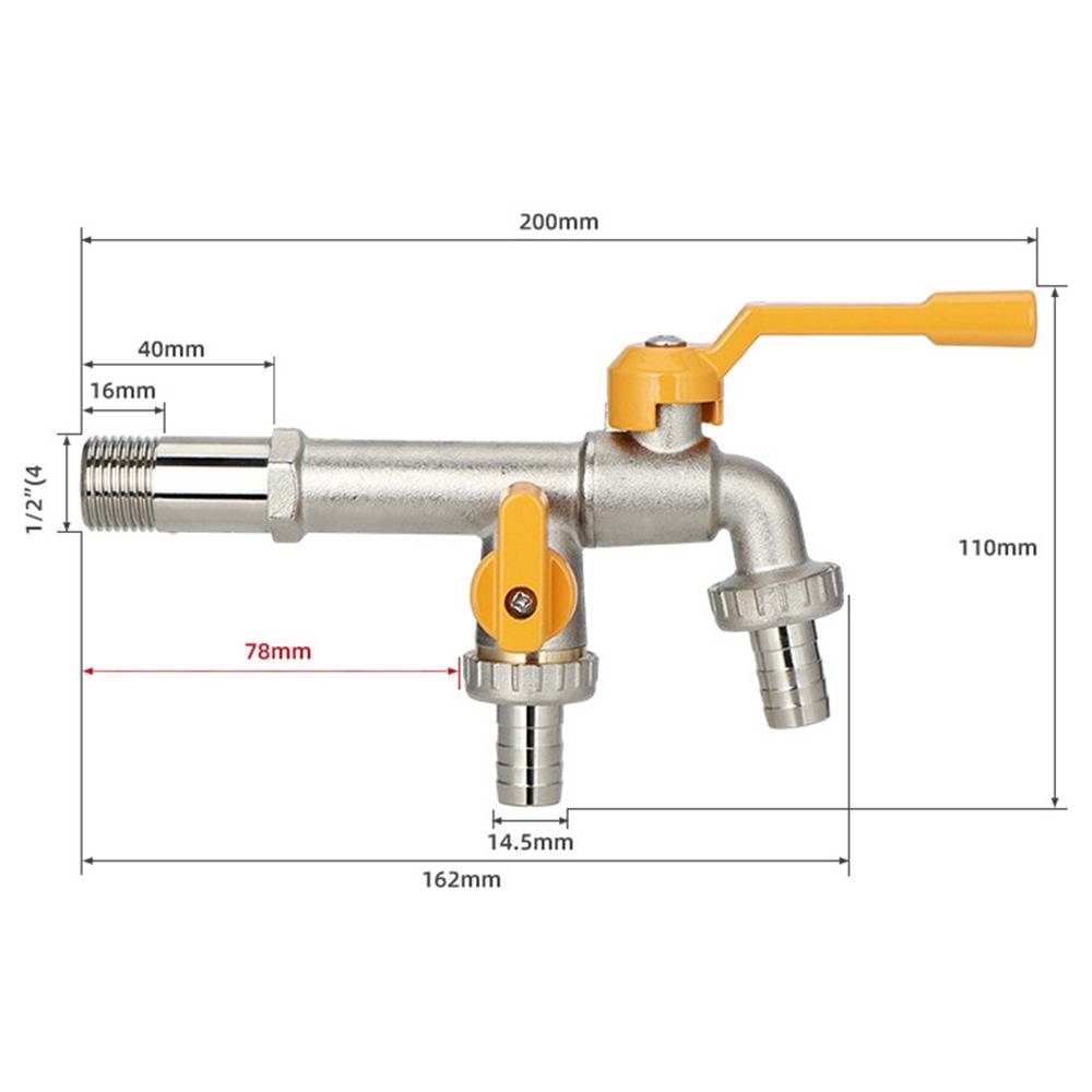 Produktdiagramm eines Metallschlauchwasserhahns mit zwei gelben Hebegriffen, zeigt Abmessungen: 200 mm breit, 110 mm hoch, 162 mm Basislänge und 1/2-Zoll-Gewinde.