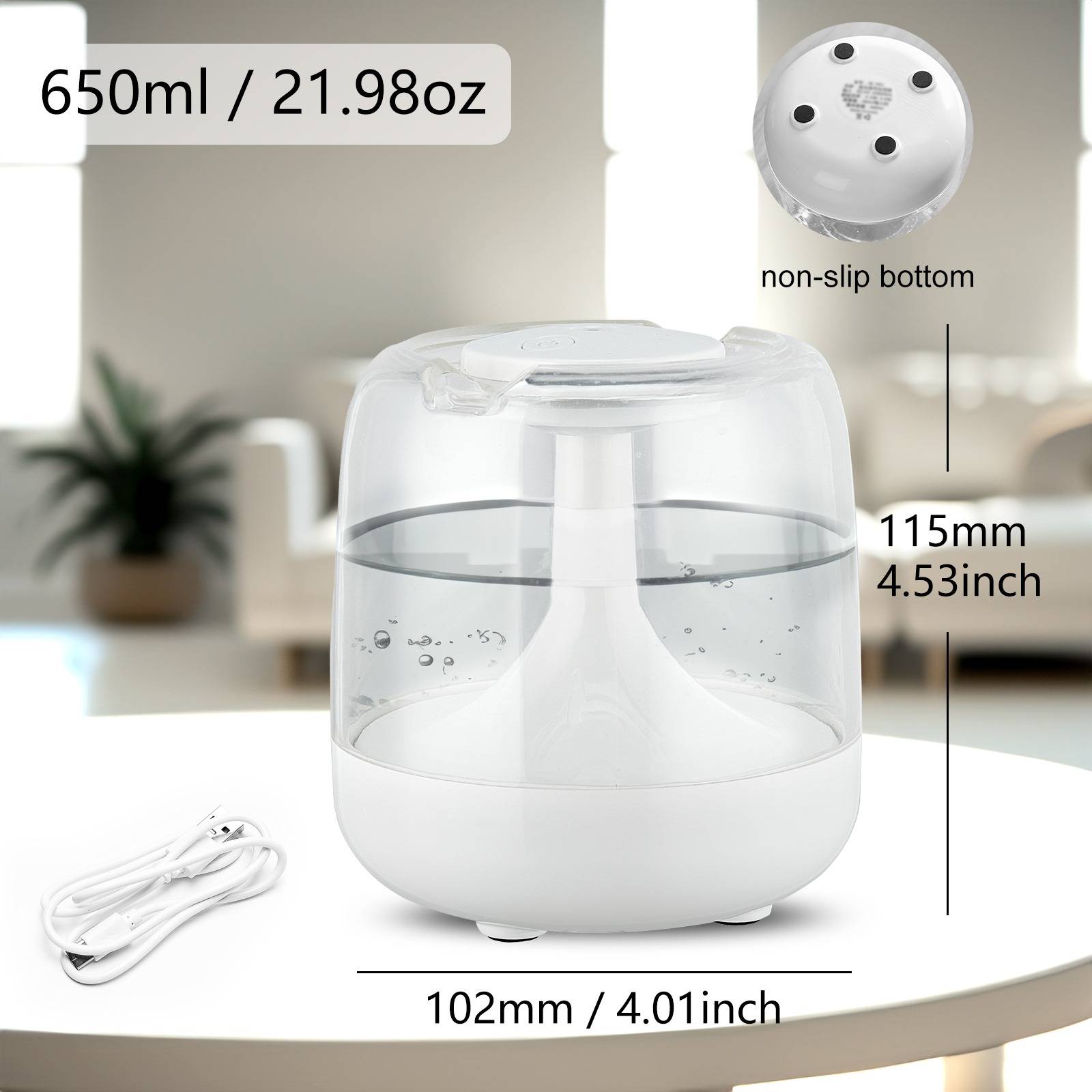 Produktbild eines tragbaren 650-ml-Luftbefeuchters mit rutschfestem Boden, gezeigt mit Stromkabel und Abmessungen: 102 mm breit, 115 mm hoch.