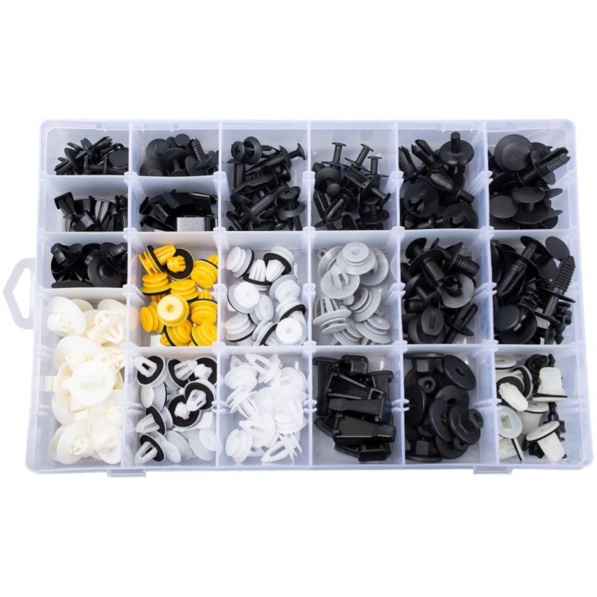 Kunststoff-Organizer-Box mit Fächern gefüllt mit sortierten schwarzen, weißen und gelben Kraftfahrzeug-Befestigungselementen und Clips.