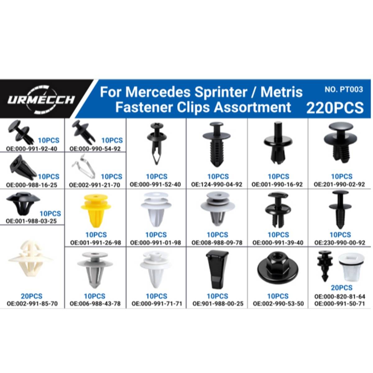 URMEECH 'Für Mercedes Sprinter / Metris Befestigungsclips Sortiment' Paket mit 220 sortierten Zierleistenclips mit Teilenummern und Mengen.