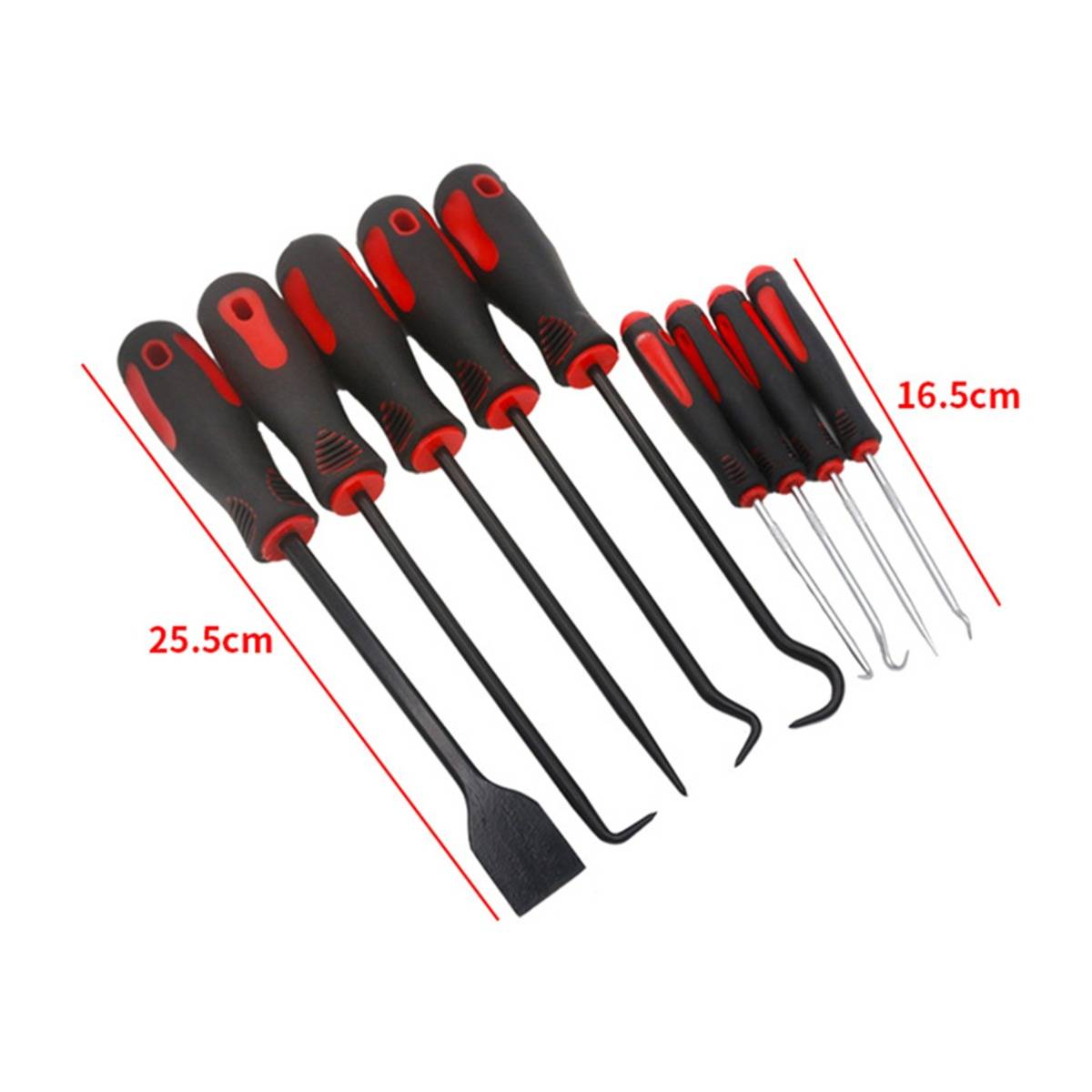 Satz von sechs schwarz-roten Handwerkzeugen, einschließlich eines Schabers, Haken, Spitzen und kleinen Hebelwerkzeugen, mit den Größen 25,5 cm und 16,5 cm.
