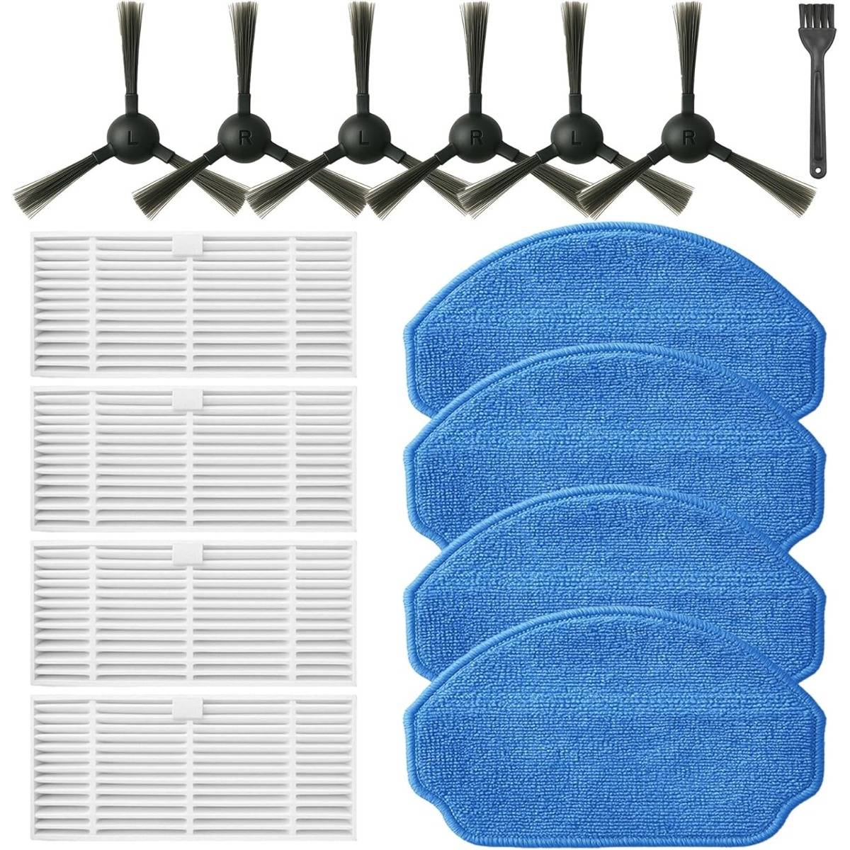 Roboterstaubsauger-Ersatzreinigungsset mit sechs Seitenbürsten, vier weißen Filtern und vier blauen Wischmopps.
