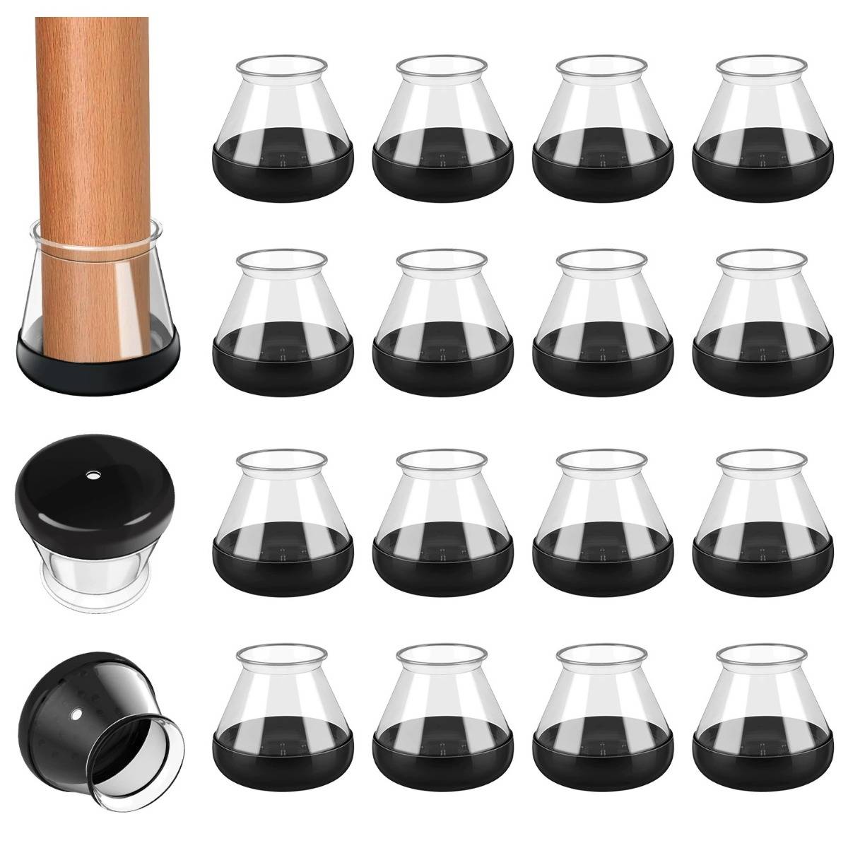 Illustration eines transparenten Glases mit schwarzer Basis und einem beige zylindrischen Einsatz, dargestellt in mehreren Ansichten und Winkeln.