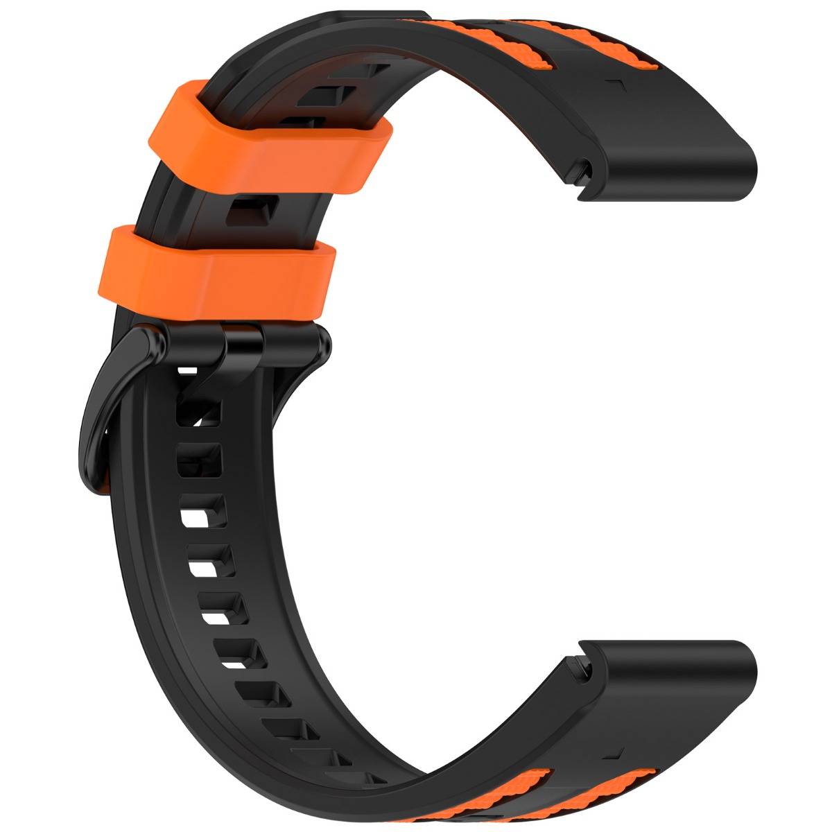 Schwarzes und orangefarbenes sportliches Uhrenarmband mit gekrümmtem schnallenlosem Armband, isoliert auf weißem Hintergrund dargestellt.