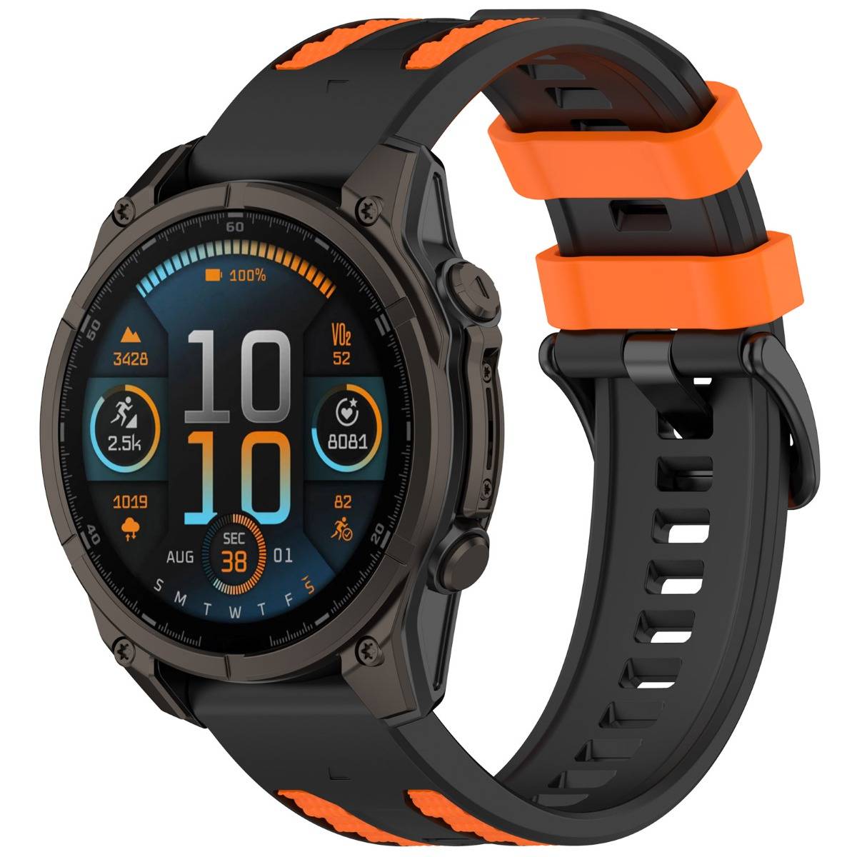 Schwarze und orangefarbene robuste Smartwatch mit rundem digitalen Display, das 10:10 anzeigt, zusammen mit Fitnessdaten, Datum und Batteriestandsanzeigen.