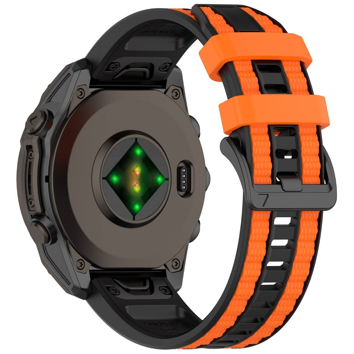 Rückansicht einer schwarzen Sport-Smartwatch mit orange-schwarzem Armband, die den optischen Sensor und die Schnallenverschluss zeigt.