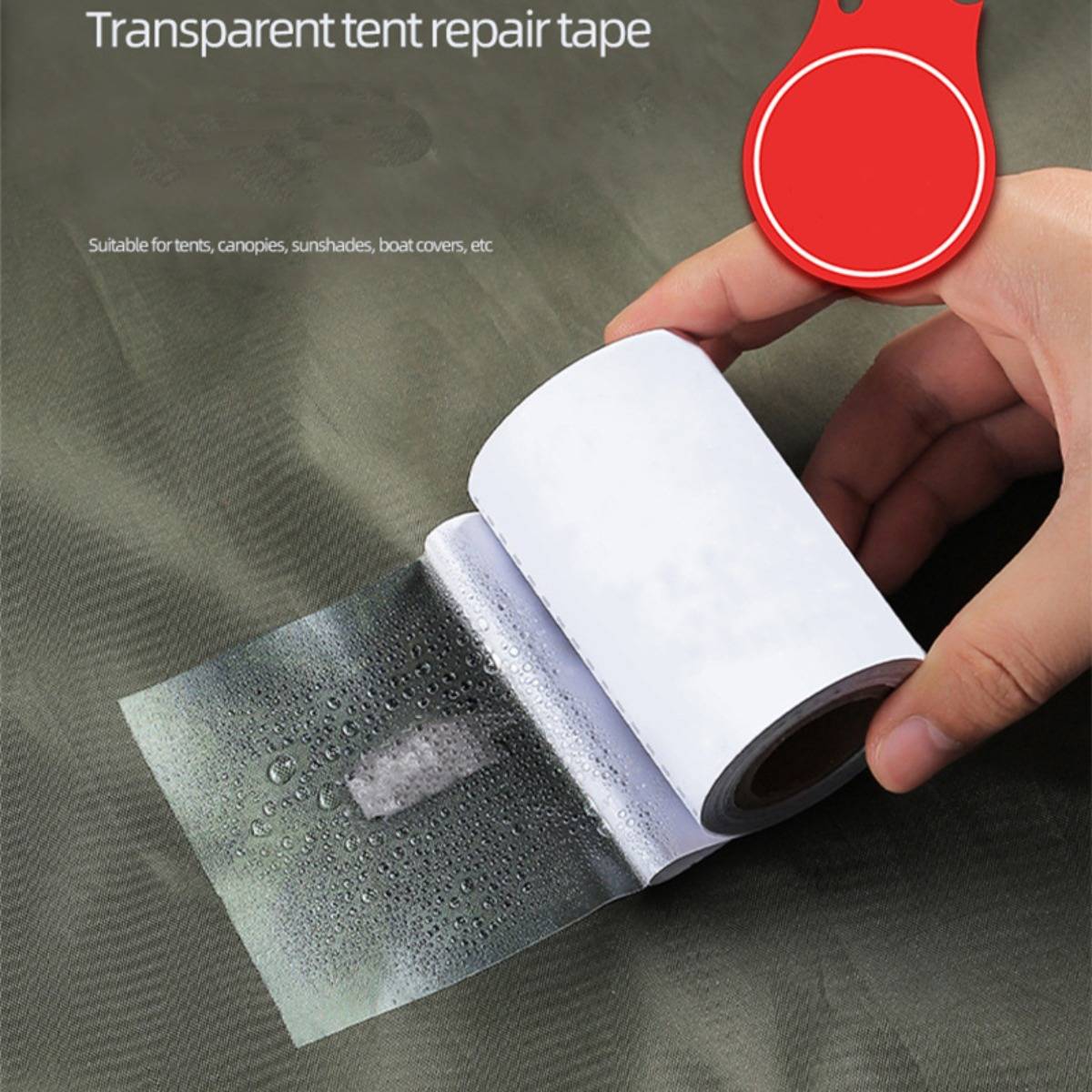 Produktbild zeigt transparentes Zeltreparaturklebeband, das auf einen Riss in grünem Stoff aufgebracht wird; Text besagt „Transparentes Zeltreparaturklebeband