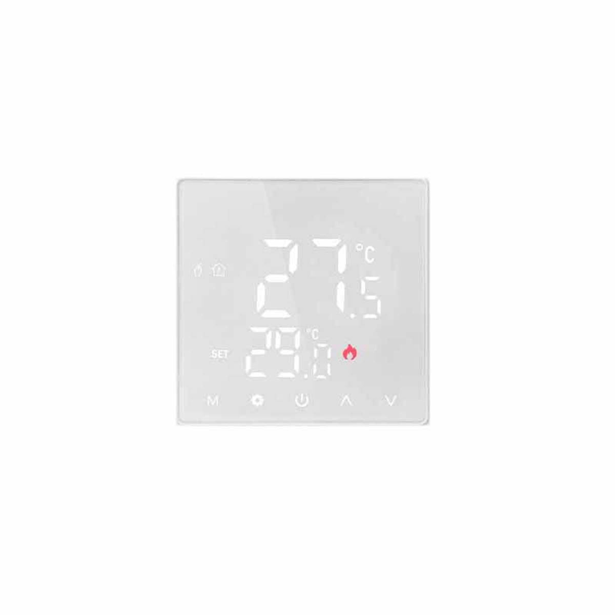 Digitales Thermostat zeigt Raumtemperatur 27,5°C und eingestellte Temperatur 29,0°C an, mit leuchtender Heizungsanzeige.