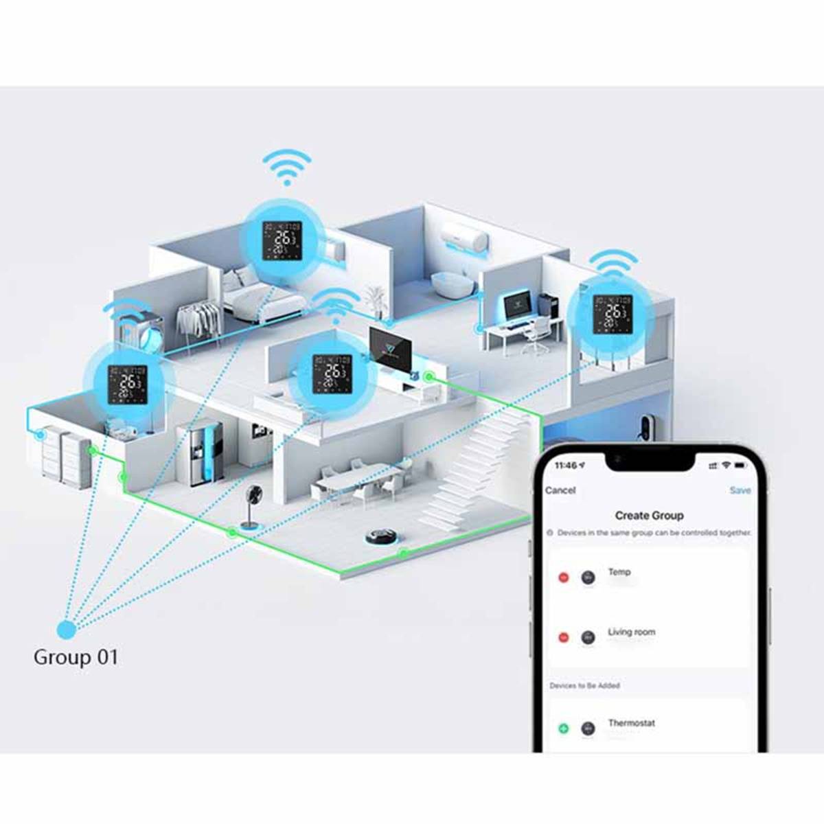 Intelligenter Grundriss für ein Zuhause mit mehreren zusammengefassten Thermostaten und Steuerung über eine Telefon-App mit der Bezeichnung „Gruppe erstellen