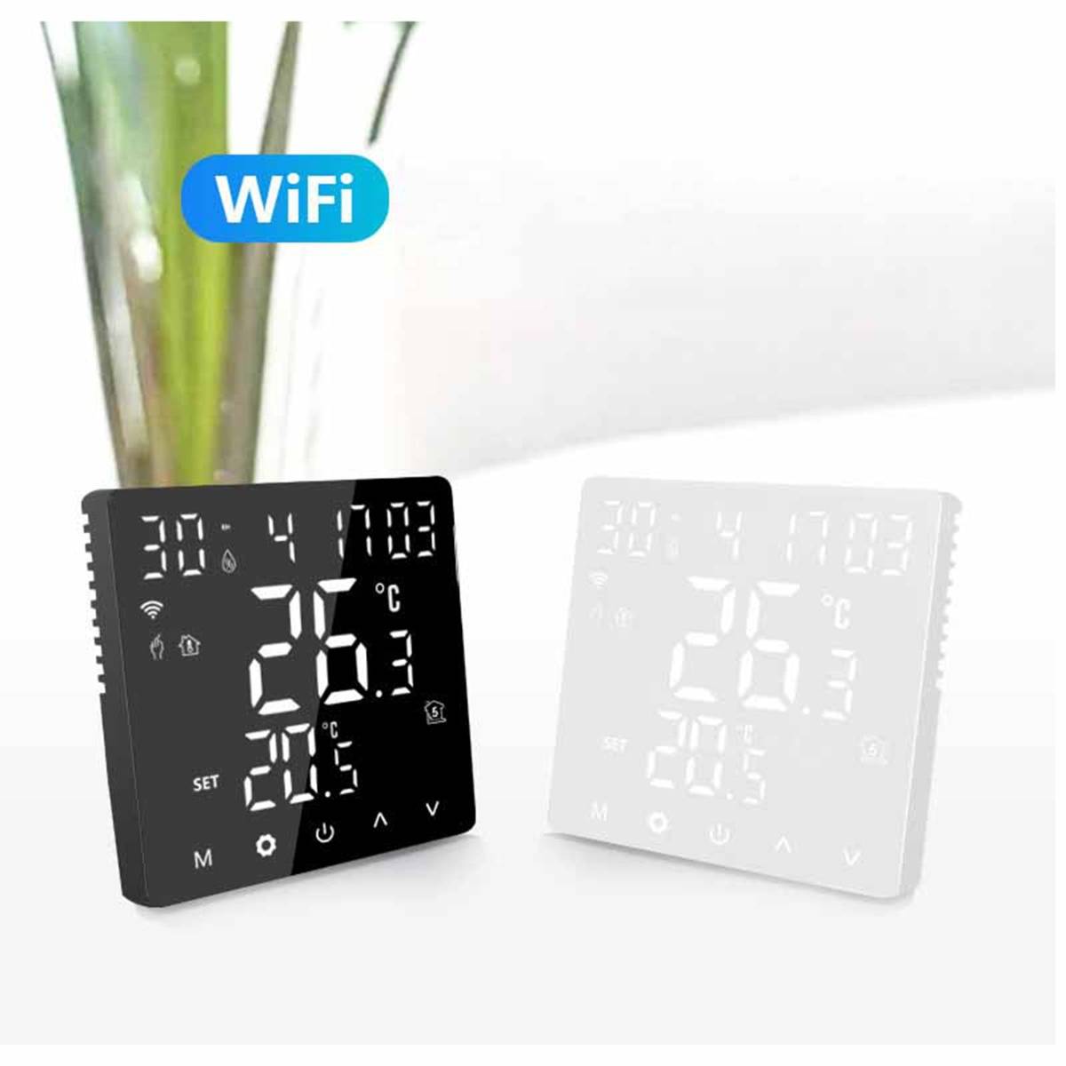 WiFi-Smart-Thermostat-Anzeige zeigt 26,3°C an, mit schwarzen und weißen quadratischen wandmontierten Modellen