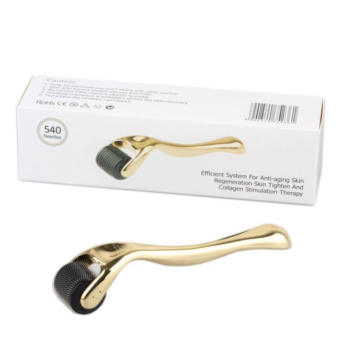 Goldener Derma-Roller mit schwarzem Nadelkopf, gezeigt neben seiner Schachtel, beschriftet mit 540 Nadeln und „Effizientes System zur Hautstraffung gegen Hautalterung, Hautstraffung und Kollagen-Stimulationstherapie