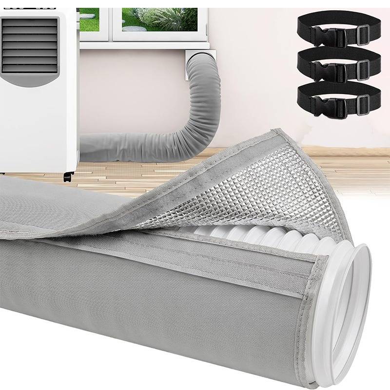 Graue isolierte Klimaanlage-Abluftschlauch mit Fensterkit und drei schwarzen Riemen, dargestellt als Produktanzeige.