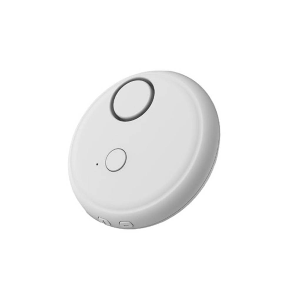 Weißes rundes Smart-Home-Tastengerät mit einer großen oberen Taste und einer kleineren mittleren Taste, gezeigt auf einem schlichten Hintergrund.