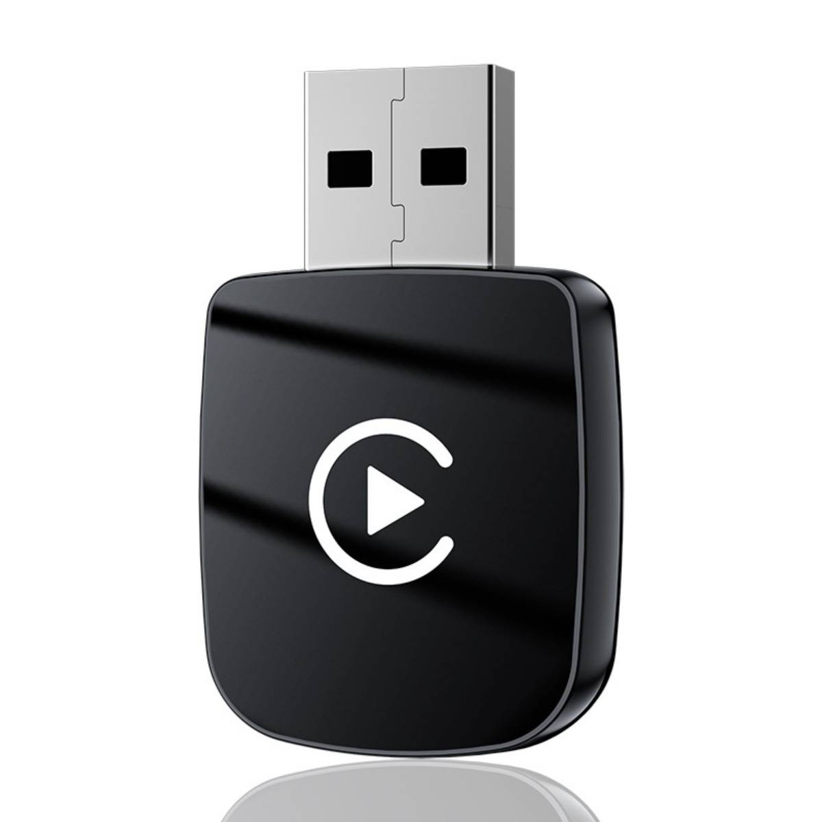 Schwarzes USB-Speicherstick-Symbol mit weißem Kreispfeil und Play-Symbol auf der Vorderseite, dargestellt auf einem einfachen Hintergrund.