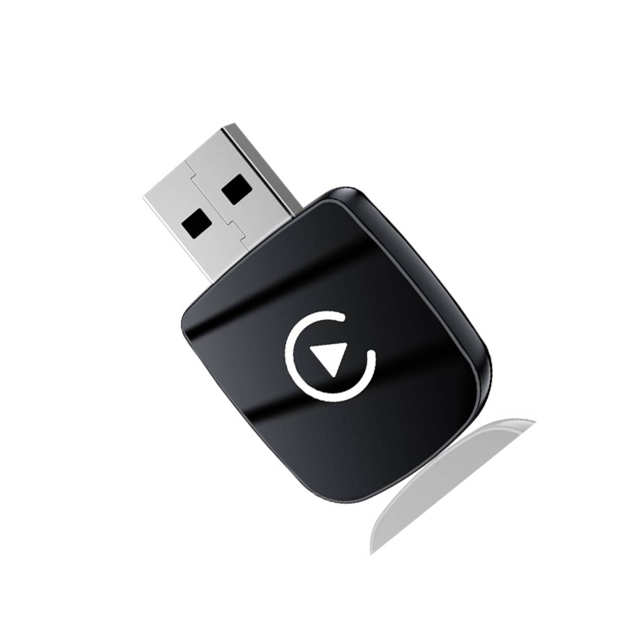 Schwarzer USB-Stick mit weißem Kreispfeil-Logo, isoliert auf weißem Hintergrund dargestellt.
