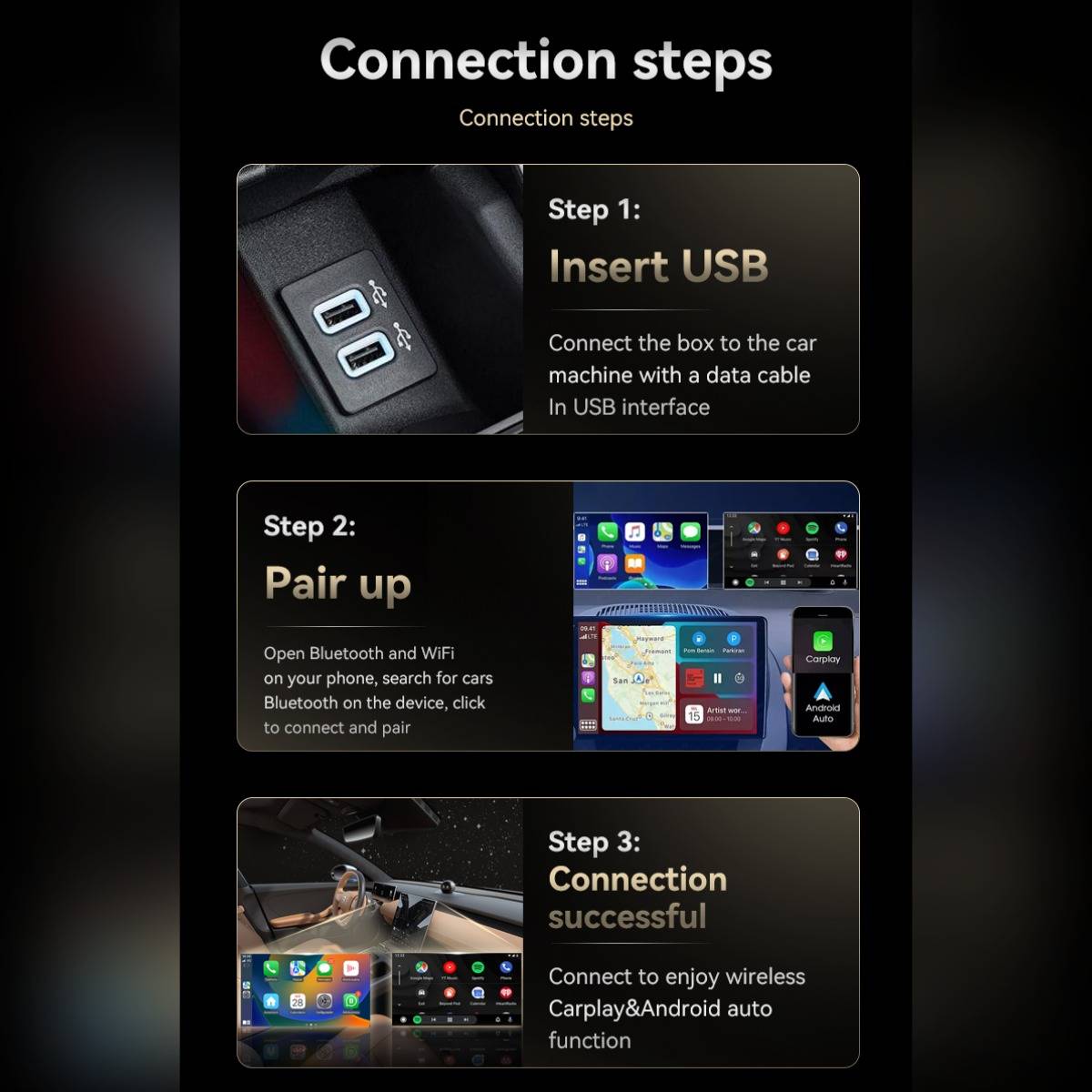 Dreischrittiger Verbindungsanleitung für kabelloses CarPlay/Android Auto im Auto: USB einstecken, über Bluetooth und Wi-Fi koppeln und dann erfolgreich verbinden.