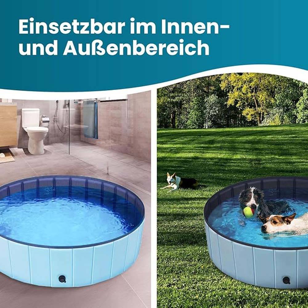 Geteiltes Bild, das einen blauen runden Pool zeigt, der drinnen und draußen nutzbar ist; links im Badezimmer, rechts auf einem Rasen mit zwei Hunden, die im Wasser spielen.