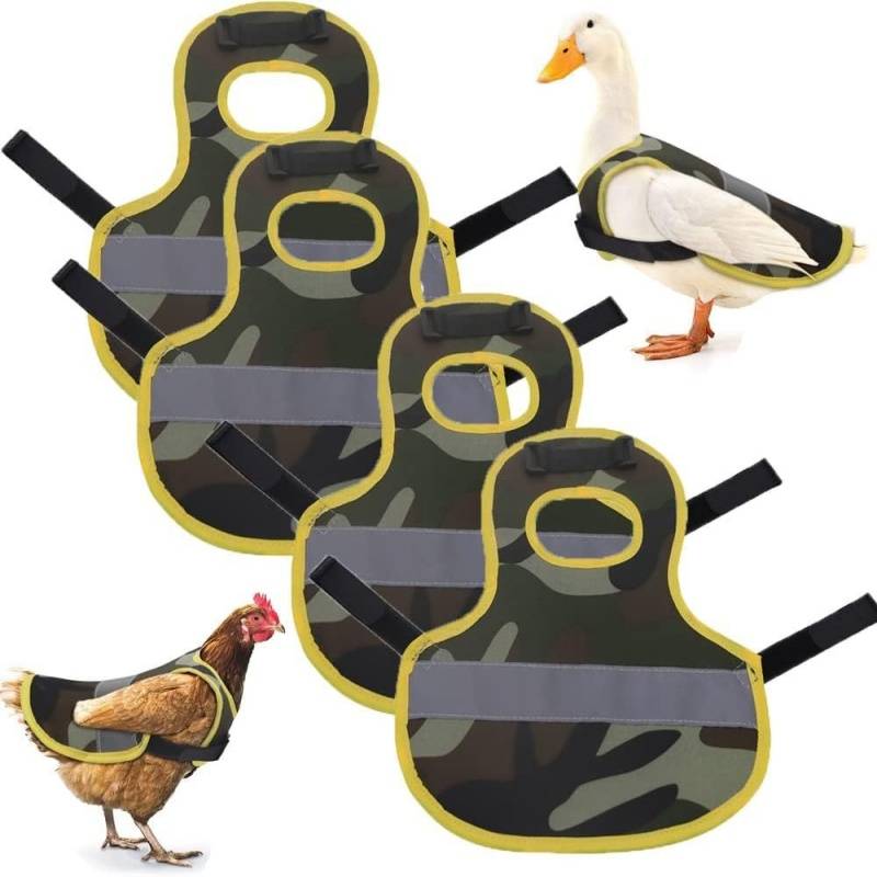 Schutzwesten mit Tarnmuster für Enten und Hühner, in mehreren Größen mit Riemen dargestellt, auf weißem Hintergrund.
