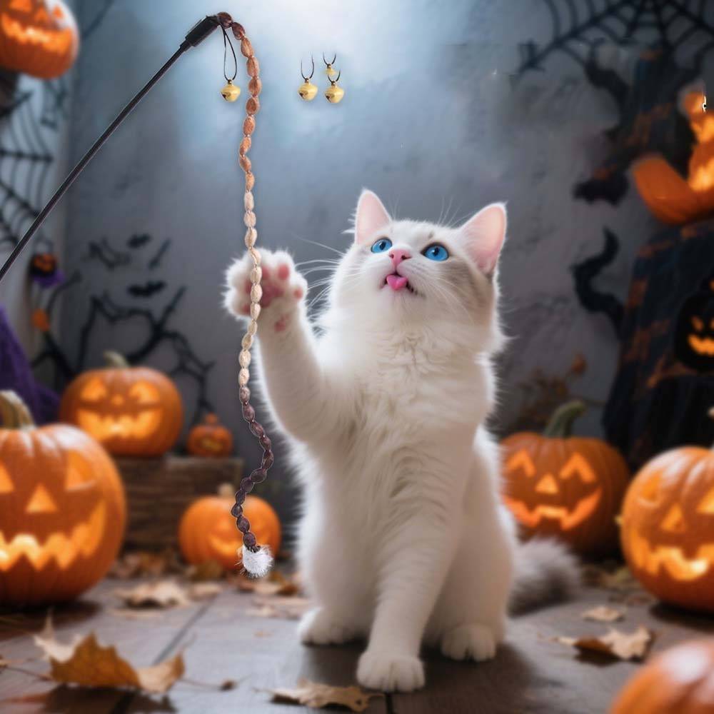 Weißes Kätzchen spielt mit einem hängenden Schnurspielzeug zwischen leuchtenden geschnitzten Kürbissen in einer Halloween-Szenerie.
